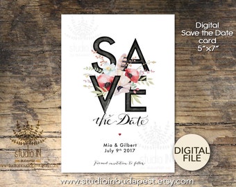 Save The Date Card, Printable Save the date card, Wedding card, floral save the date card, DIY wedding card,