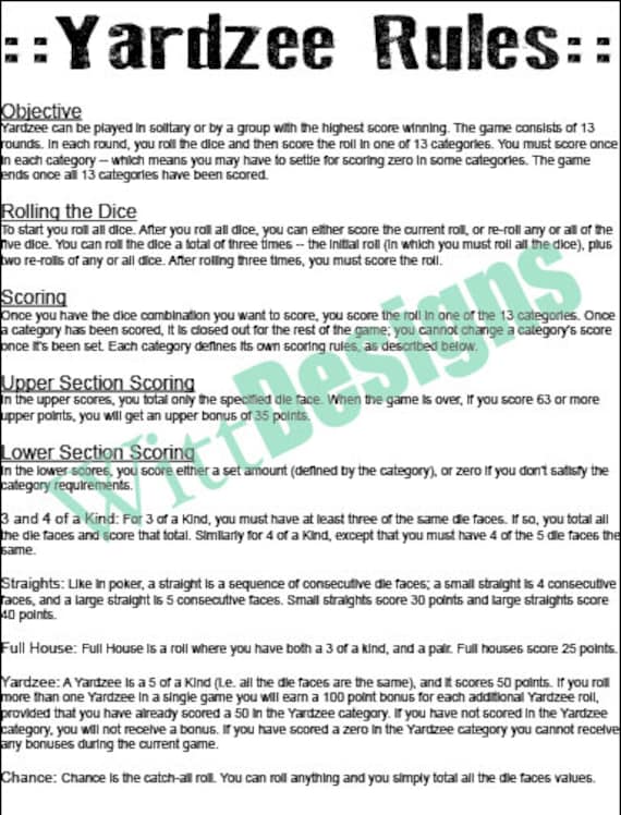 PDF 11x17 Yardzee rules print your own instant download