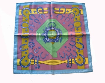 Hermés Paris pocket square. Design "Porte-Bonheur" by Caty Latham. Accessories Hermes. Hermes silk scarf. Silk handkerchief. Signed Hanky.