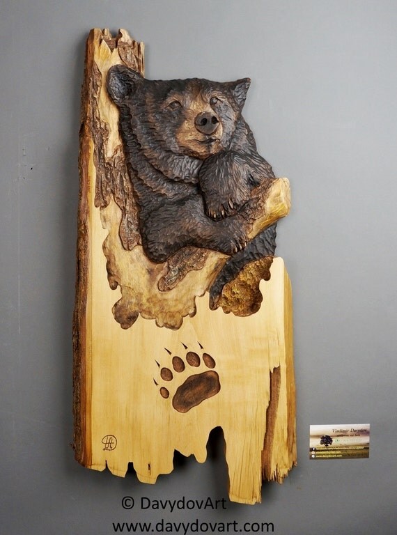 Black Bear Carving Wood Best Gift with Bark Unique Wall Art