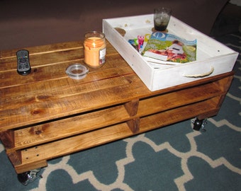Rustic, Recycled, reclaimed pallet wood coffee table with wheels