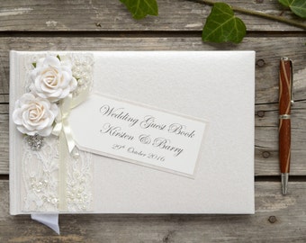 Personalised Wedding Guest Book. Luxury Vintage Style Rose, Lace & Jewel Design. Handmade Wedding Guest Book.