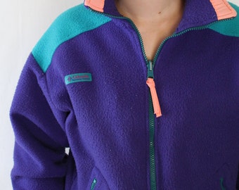 90s Color Block COLUMBIA Fleece // Neon Vaporwave Columbia Fleece // Vintage Color Block Columbia Zip Up