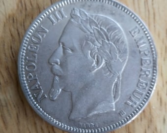 Silver 5 francs 1868 Napoleon III Empire piece french Vintage