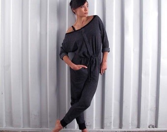 Button front jumpsuit - Yoga clothes - yoga pants - active wear - dance wear - athleisure. Charcoal grey. Onesize