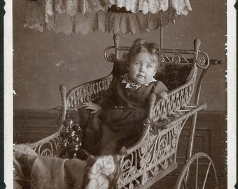 Toddler in Wonderul Ornate BABY CARRIAGE with a PARASOL Cabinet Card Photo Haigler Nebraska circa 1890s