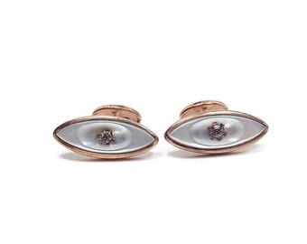 Faux Mother of Pearl Vintage Rhinestone Cufflinks White Oval Cuff Buttons Angled Back
