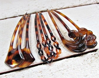 Vintage Hair Forks / Chignon Bun Hair Pin / Hair Sticks / Hair Combs, FRENCH Plastic Tortoise Shell, 1970s Fashion, Hair Accessory for Women