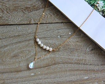 Drop Moonstone Necklace, Natural Water Pearl Necklace, 14k Gold Filled Necklace, Sterling Silver Necklace, Gemstone Necklace, Drop Moonstone