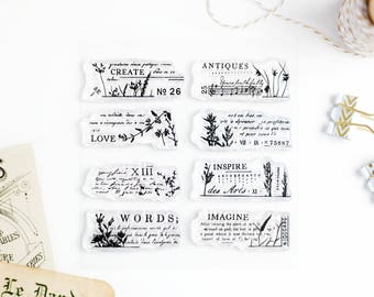 Clear Stamps - Abstract Floral and Vintage Words Collage for Paper Crafts, Scrapbooking, Art Journaling, Stationery, Mixed Media 4x4 in