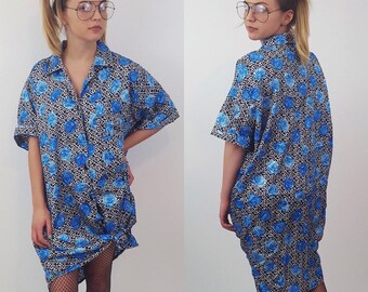 Vintage Floral Oversized Button Up Top - 90s Blouse Black White and Blue Womens Top - 90's Short Sleeve Extra Large Silky Rose Shirt Layer