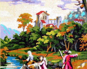 PETITE POINTE CANVAS//"Paysage"by Royal Paris/A Petite Poinre Needlepoint reproduction of Cignaroli Art/A people crossing the river on Horse