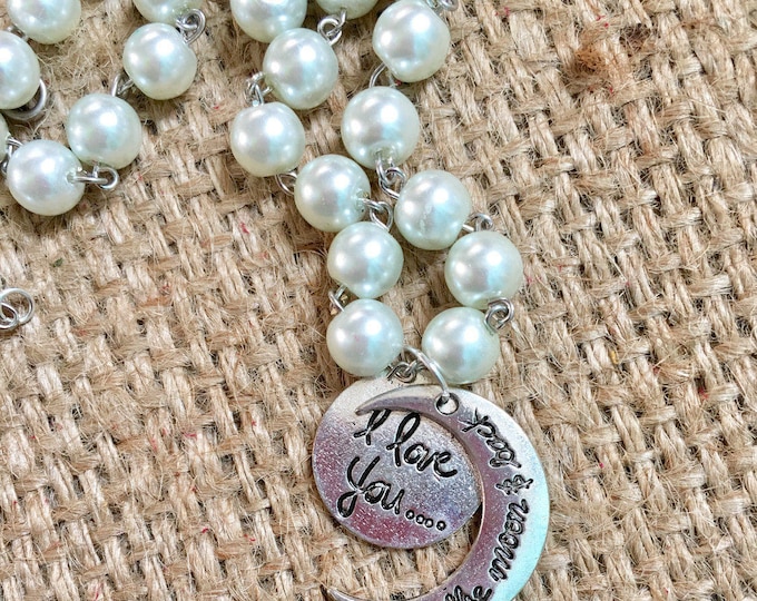Silver Moon Necklace, Quote Necklace, Moon Necklace, Love You to the Moon and Back, Pearl Bead Necklace, Pearl Necklace, Anniversary Gifts