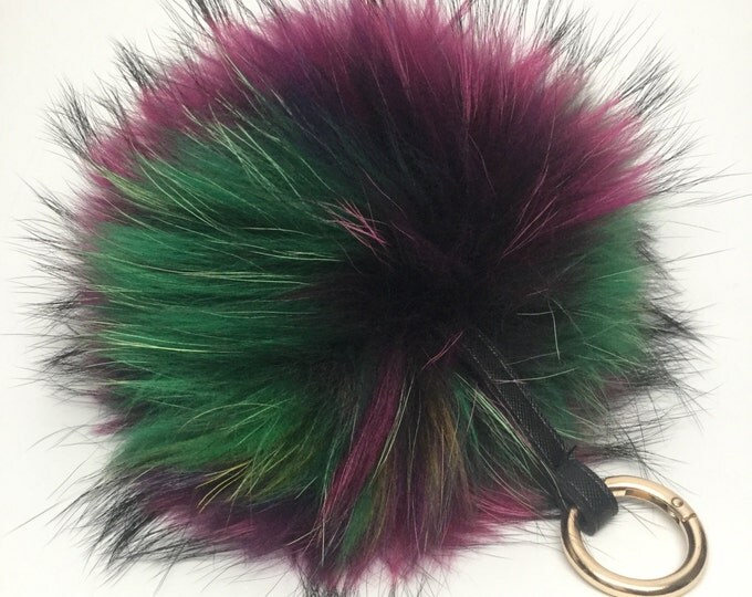 NEW Tropical Swirl™ Multi Color Raccoon Fur Pom Pom bag charm 7 inch pom pom HOT pink apple green QUEEN