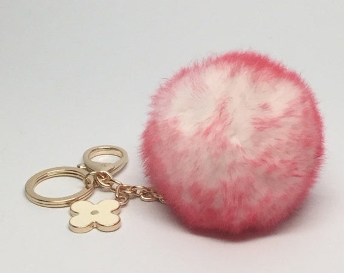 Candy Pink Frost fur pom pom keychain REX Rabbit fur pom pom ball with flower bag charm