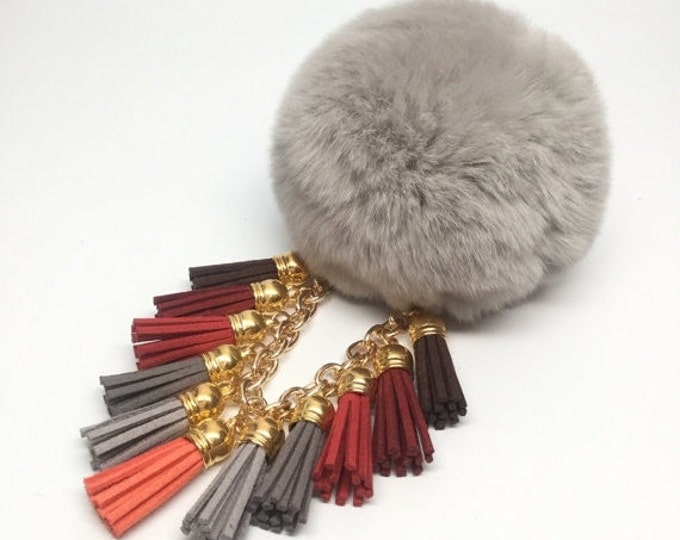 Semi-Annual Sale Fur Pom Pom "Oxford Grey Fringe" fluffyball pompon bag charm tassel keychain with tassel elements charms
