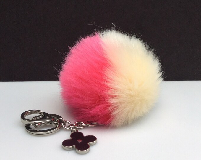 Faux Duo Hot Pink Cream Fur Pom Pom bag Keyring keychain pom pom fake fur ball