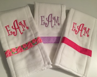 Adorable Monogrammed Burp Cloths w/Ribbon. Personalized! You choose your ribbon and thread colors!