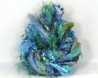 Caribbean Blue Elements 26yds Art Yarn Bundle Mixed Media Fibers Textile Craft Pack Art Ribbon Merino Wool Water Fibers, Aqua Turquoise Teal
