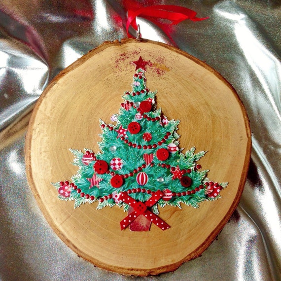 Christmas Tree Festive Log Slice Wood Decoration Christmas