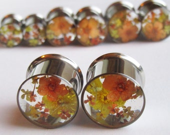 Ear Plugs Real Flower Orange Yellow Floral READY TO SHIP Handmade Unique Custom Floral Gauges Unusual Ear Tunnels