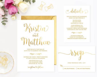 Gold Wedding Invitation Set, Printable Gold Wedding Invitation Suite, Wedding Invitation Template, Faux Gold Foil White Wedding Invites GFWF