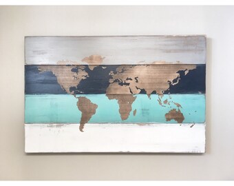 Rustic Wood World Map, Rustic Decor, Farmhouse Decor, Rustic Nursery Decor, Wall Decor, Wooden White World Map - 34 x 20