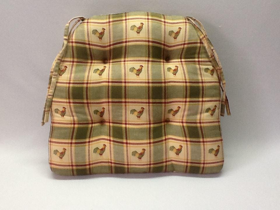 Set of 3 Roosters and Plaid Chair Cushions with Ties / French