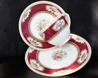 Empire Majestic Red - Trio of Cup Saucer and Plate - Elegant Florals with Golden Trim