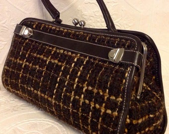 Sac à mains ENZO ANGIOLINI /Poignée sur dessus/Cuir et Tweed/Carreaux/Vintage/Large Clutch Handbag/Plaid Tweed/Lambswool/Leather Trim