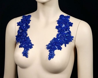 Royal Blue Beaded pair Lace Embrodired Applique for Bridal, Bridesmaid, Sash, Headband, Dance Costumes