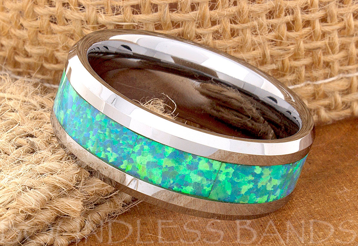 Green Opal Ring Green OpalTungsten Ring Wedding Ring Mens Women's Wedding Ring Promise Anniversary Engagement Ring Matching Ring Set  8mm
