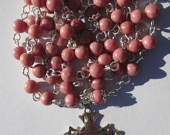 Rosary No. 52 Pink Rhodonite in Silver-Filled