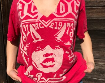 ACDC Band T Shirt with Plunge V Neck Cutout, medium