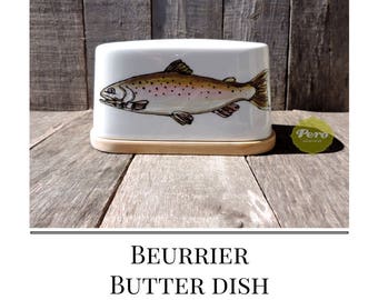BUTTER dish, customized,porcelain, bambou base, Fish-Trout drawing, personalized by a quote 'Bon Appétit!", gift for fisherman,