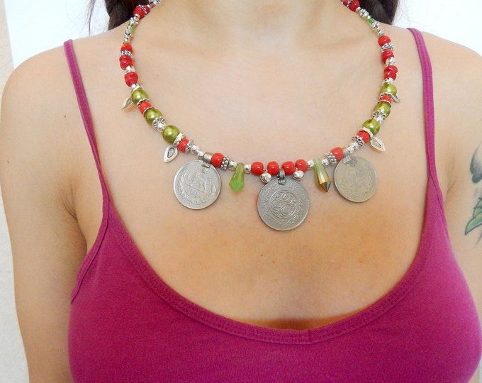 Tribal necklace, red coral necklace, crystal necklace, ethnic boho necklace, festival necklace, bohemian necklace, beaded coins necklace