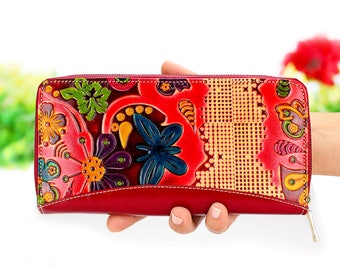 Wallet phone case, genuine leather embossed and handpainted with birds butterflys and flowers