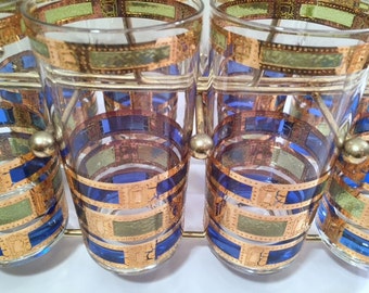 Culver Signed Empress Design 22-Karat Gold Vintage Highball Glasses (Set of 8 with Carrier)