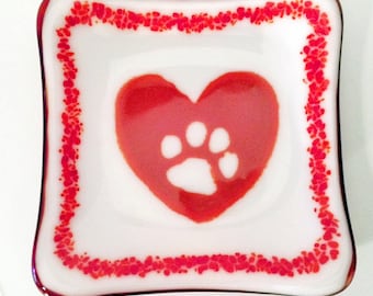 Fused Glass Trinket Dish - White Opal with Red Heart Paw Print and Red/Orange Streaky Back Decorative & Functional Trinket Dish