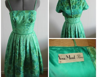 Vintage 50s Dress Women, Rare 50s dress, Green floral gown, 1950s floral dress, Floral, Cotton, Silk, Small,