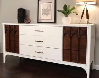 SOLD - Mid Century Dresser, Kent Coffey Perspecta, Mid Century Modern Credenza, Sideboard, Pencil Leg, Walnut, Hand Painted, Benjamin Moore
