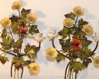 Vintage Tole Metal Floral Candle Sconces