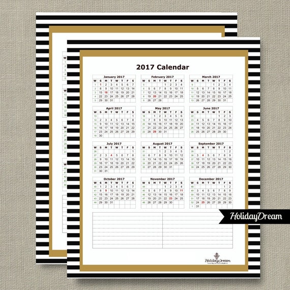 2017 Yearly Calendar PRINTABLE Wall Calendar 8x10 By HolidayDream