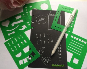 Planner Stencils, Set of 5 Green Mini BUJO Planner Stencils, Bullet journal stencil, Planner Insert Stencil, flex plastic planner stencils