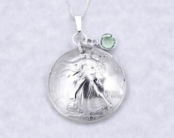 70th Birthday Gift - 1947 Silver Half Dollar Coin Birthstone Pendant Necklace Jewelry - Birthday Gift for Mother - Birthday Gift for Grandma