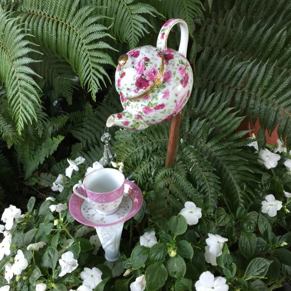 Miniature Teapot and Tea cup Garden Decor Vintage Glass