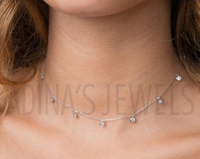 Cubic Zirconia Necklace | Sterling Silver Necklace | CZ Necklace | Silver Necklace | Silver Choker Necklace | Cubic Zirconia Choker | Dangle