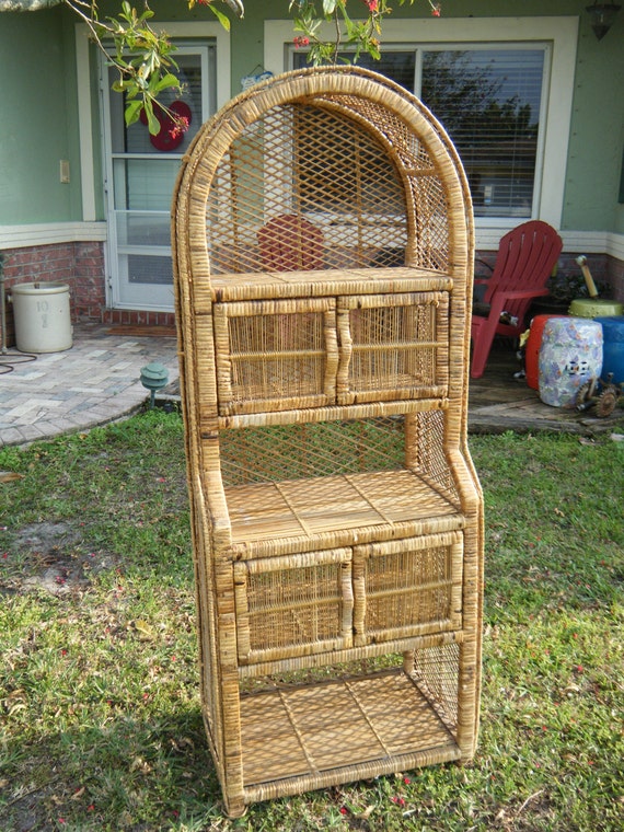 Vintage Bohemian Wicker 3 Shelf Double Door Storage Unit