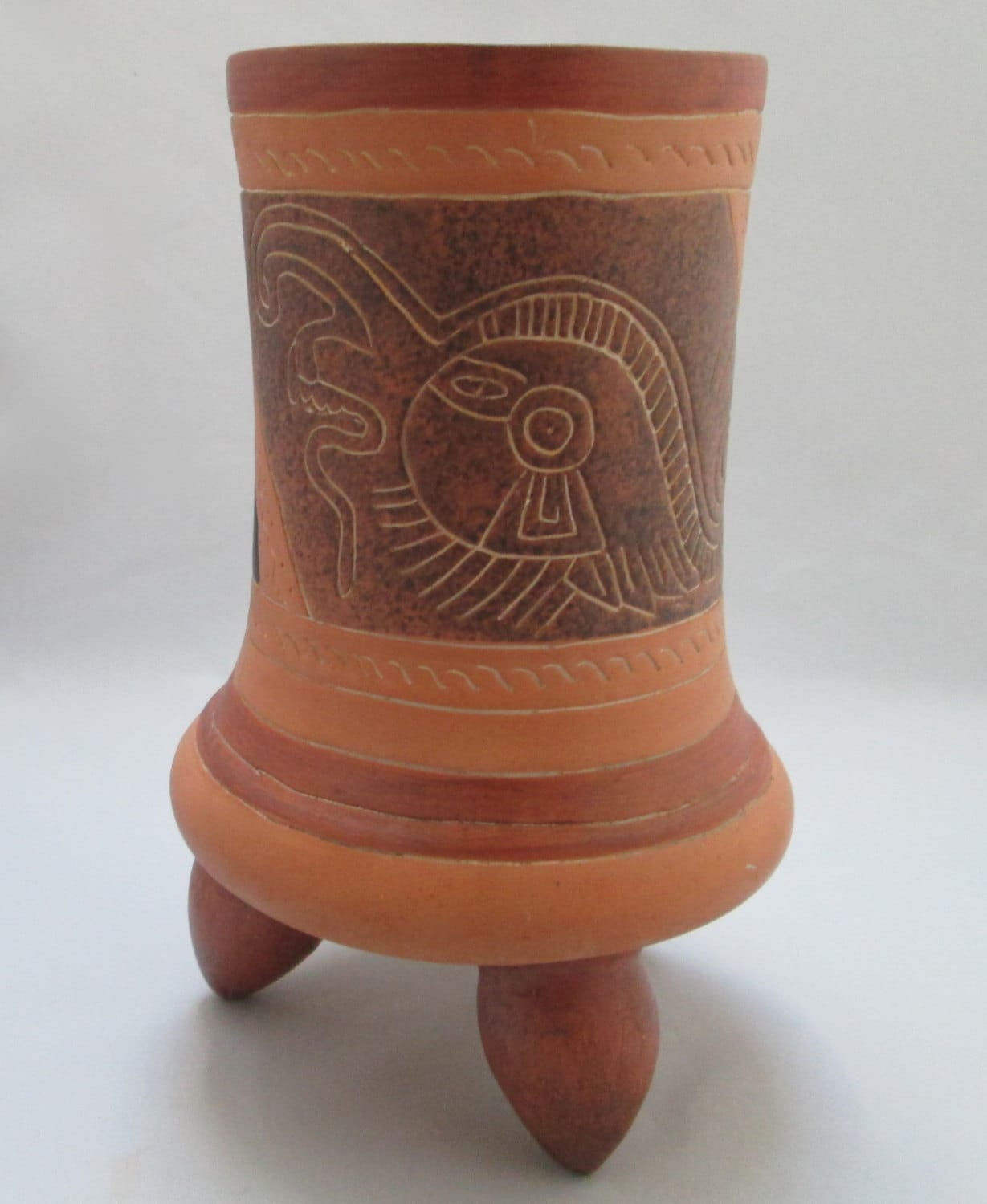 Mexican Terra Cotta Large Footed Vase Marked MEX 85