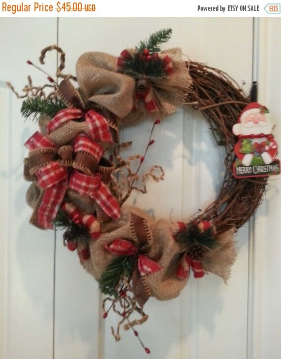 ON SALE Grapevine Christmas Wreath with Burlap by 60YearsOfLove